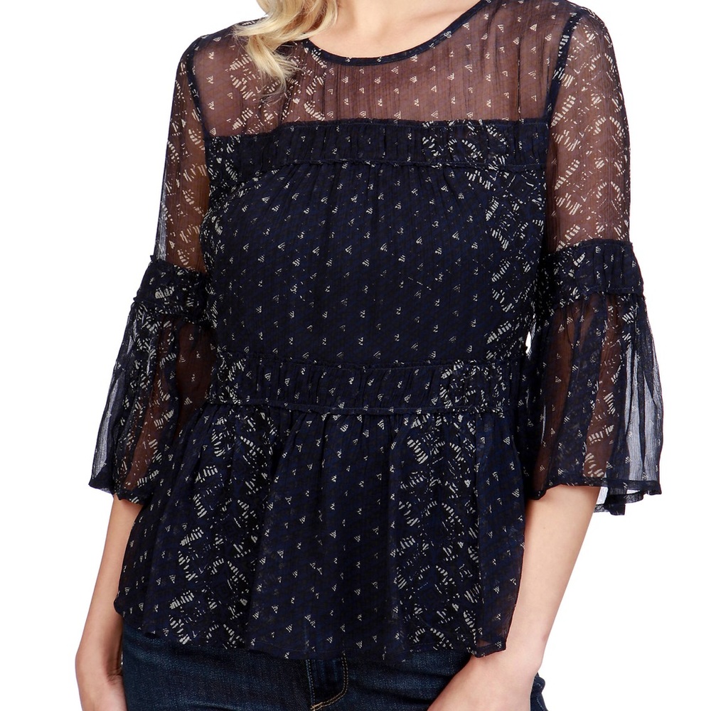 Lucky Brand Navy Print Boho Blouse, Size Small